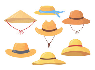 Cartoon set of different farmer straw hats. Flat vector illustration. Collection of colorful gardener or agricultural worker summer headdresses. Clothes, farming, style, fashion, headdress concept
