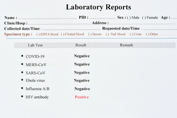 Laboratory report of infection disease, COVID-19, MERS, SARS, Ebola, Influenza and HIV testing, all result negative except HIV showed positive  