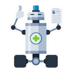 Robot doctor on wheels showing ok sign and keeping paper sheet with medical analysis, anamnesis.