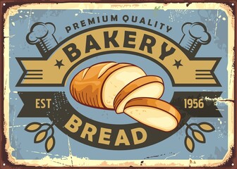 Old fashioned bakery sign with bread loaf and decorative ribbons. Vintage bakery sign. Retro poster design with baked goods and pastries.
