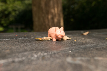 tiny plastic toy pig on a picnic table - spot lit