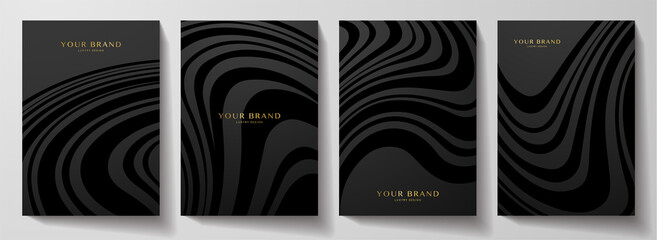 Modern black cover design set.  Abstract wavy line pattern (curves) in monochrome. Creative stripe vector collection for business background page, brochure template, booklet, vertical flyer