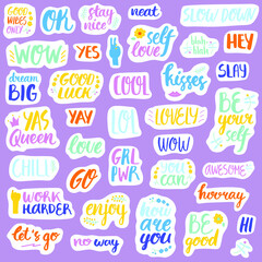 Collection of stickers with frequently used words and phrases. Set of trendy lettering for weekly or daily planner,  scheduler, organizer and diaries. Cute funny signs and symbols. Isolated on white.