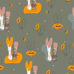 Seamless pattern with painted feet in socks, from which wildflowers and orange sunflowers stick out. Hands reach for flowers. Background for textiles, baby clothes, dresses, shirts, wrapping paper.