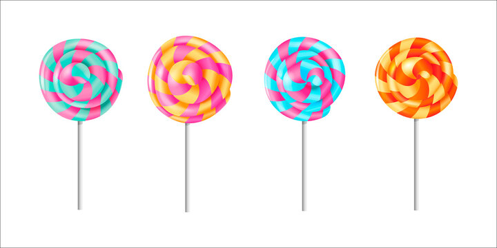 Set of spiral striped sweet lollipops isolated on white background. Vector illustration.