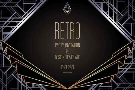 Art Deco vintage gold and silver design element over black. Retro party geometric background set 1920 style. Vector illustration for glamour party, thematic wedding or textile prints.