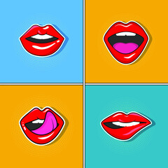 Emotions with lips, pop art style stickers