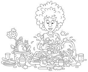 Everyday homework, a cute young woman washing dishes, pans, forks and spoons with liquid soap in her kitchen after dinner, black and white outline vector cartoon illustration