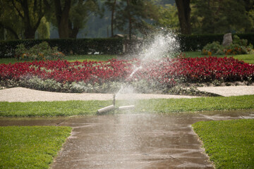 irrigation or park sprinkler system with a wide coverage over a unique garden bed  - obrazy, fototapety, plakaty