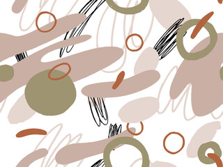 Seamless abstract doodle background pattern in bright summer positive colors. Hand-drawn abstract pattern with randomly arranged spots and dots and lines. Pencil and paint texture.
