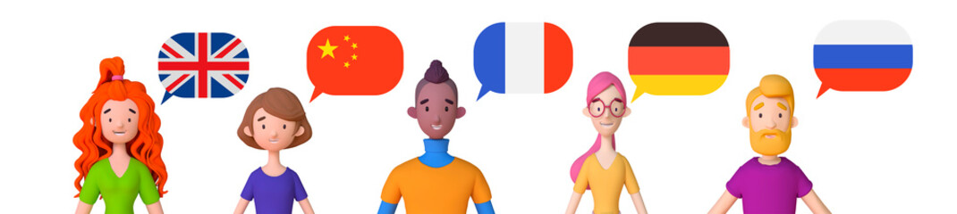 Group of native speakers speak in different languages. Diverse cultures, international communication concept, club of foreign languages, language learning camp, summer language program. © Anna