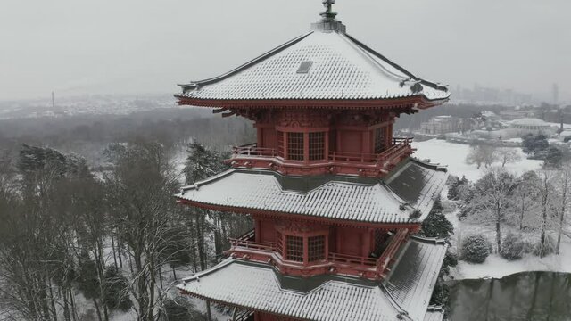 Aerial view of Japanese Pavillon in Park de Laeken during wintertime, Brussel, Belgium.