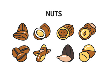 Nuts and seeds color line icons set. Isolated vector element. Outline pictograms for web page, mobile app, promo.