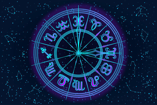 Blue and Pink Round Frame with Zodiac Signs. Horoscope Symbol. Panoramic Sky Map of Hemisphere. Glowing Constellations on Starry Night Background. Raster Illustration
