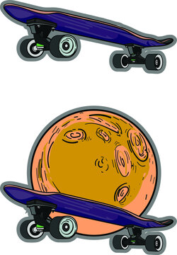 Surfskate go to the moon illustration and hand drawn art