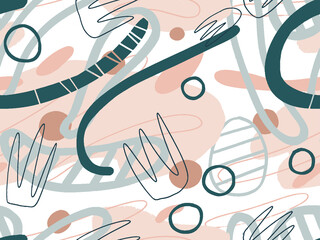Seamless abstract doodle background pattern in bright summer positive colors. Hand-drawn abstract pattern with randomly arranged spots and dots and lines. Pencil and paint texture.