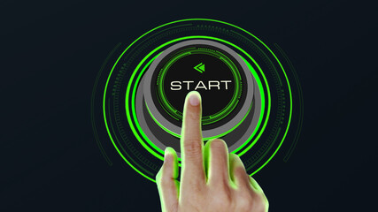 Start Stop Button Concept with finger touch button changing Start to Stop  and reverse