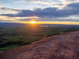 One of unseen Thailand is the sunrise view of three whales rock or Hin Sam Whales in Phu Sing mountain Country park in Bungkan province, Thailand.