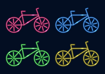 Set of neon bicycles in different colors. Neon sign. Glowing lines on a dark background.