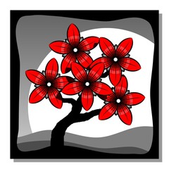 Blossom of red flowers of tree. Abstract landscape. Wall decor, poster design. Vector illustration.