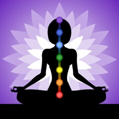 Silhouette of a woman meditating in the lotus position. Yogi girl with chakras. Vector illustration.
