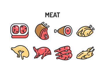 Naklejka premium Meat and fish color line icons set. Isolated vector element. Outline pictograms for web page, mobile app