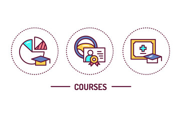Courses color line icons concept. Outline pictograms for web page, mobile app, promo.