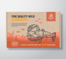 Fine Quality Seafood Cardboard Box. Abstract Vector Food Packaging Label Design. Modern Typography and Hand Drawn Lobster and Fishes Silhouettes. Sea Bottom Landscape Background Layout with Banner
