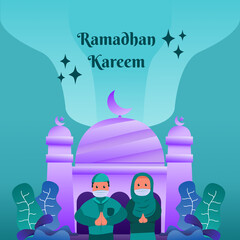 Illustration of couple muslim praying in mosque special ramadan kareem
