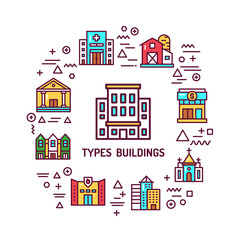 Types buildings web banner. Infographics with linear icons on white background. Creative idea concept. Isolated outline color illustration.