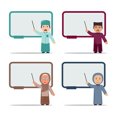 Set of muslim teachers pointing at a whiteboard