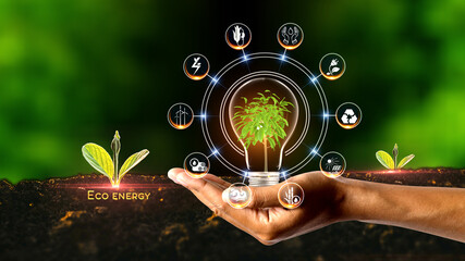 Eco Energy Concept Green environment with Center and spoke Concept ,Plant on center and rotating Icons