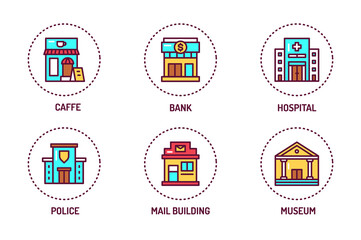 City buildings color line icons set. Isolated vector element. Outline pictograms for web page, mobile app, promo.