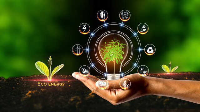 Eco Energy Concept Green environment with Center and spoke Concept ,Plant on center and rotating Icons