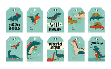Wild and cute dino tags set. Cartoon vector illustration. Tags with cute comic dinosaurs in colorful background. Dinosaur, history, ancient, gift concept for banner design, landing page
