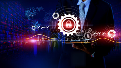 Data Protection Concept Rotating Gears with icon surrounded by city and Moving world map