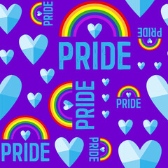 A pattern of words of pride and crystal hearts. Vector seamless pattern of the words pride. Pride of lesbian, gay, bisexual, transgender. On a purple background. A symbol of the LGBT community.