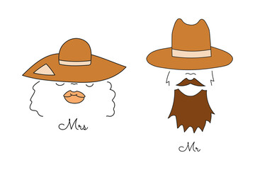 Doodle style designation of male and female toilets in the form of a woman's head in a hat and a man's head in a hat. Hand drawn icon and symbol for print, poster, sticker, card design.