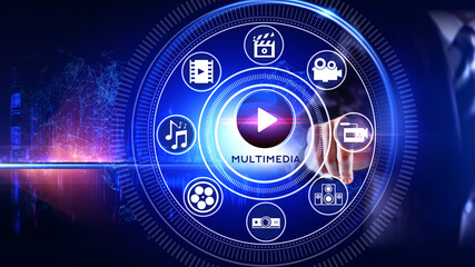 Multimedia Icon Concept Rotating wheel with icon surrounded by city Center and spoke Concept