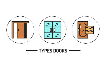 Types of doors color line icons set. Material steel. Isolated vector element. Outline pictograms for web page, mobile app, promo