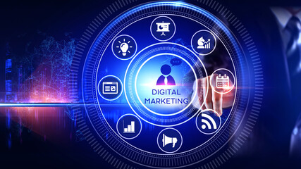 
Digital marketing  Concept Rotating wheel with icon surrounded by city Center and spoke Concept