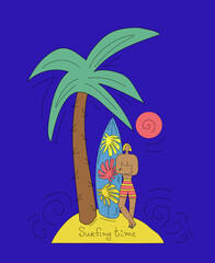 Guy surfer with a board at sunset under a palm tree in cartoon style on a blue background. Lettering Surfing time. Vector illustration for the design of t-shirts, textiles, marine themes.