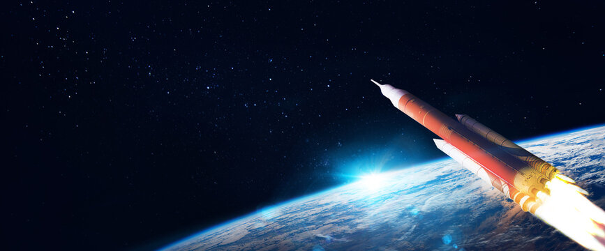 Launch the space shuttle into open space above planet Earth. Elements of this image furnished by NASA