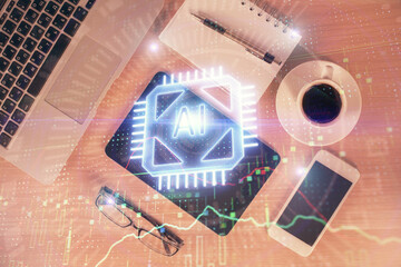Double exposure of technology theme drawing over work table desktop. Top view. Global data analysis concept.