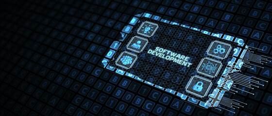 Inscription Software Development on the virtual display. Business, modern technology, internet and networking concept.
