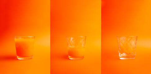 triptych transition glass with orange juice being emptied. Monochrome orange.