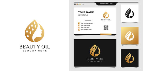 Beauty logo with oil drop and business card design. Logo can be used for beauty salon, cosmetic, and spa. Premium Vector