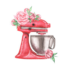 Watercolor illustration of a beater. Illustration for pastry shops, bakeries, chefs, cookbooks, logos. Red mixer. Pink flowers. Peonies and roses, greenery. Illustration isolated. For print