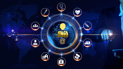 Medical Icon Rotating wheel Concept Rotating wheel with icon surrounded by city and world map Center and spoke Concept
