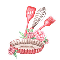 Watercolor composition Cooking, baking, sweets, bakery, chef. Homemade baking. Whisk, cooking brush, spatula, pie baking dish. Illustration for logos, business cards, postcards, tags, stickers. 